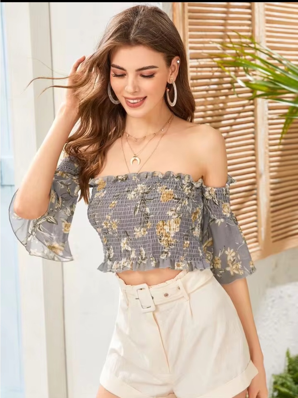 SHEIN Gray Floral Smocked Off-Shoulder Crop Top